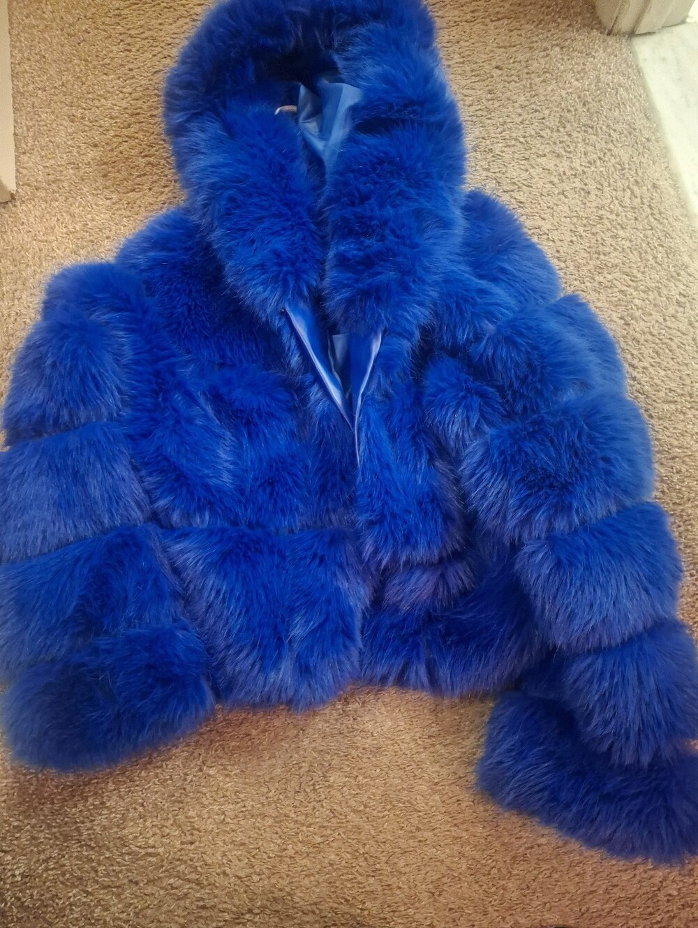 Brand New Luxury Royal Blue Faux Fur Hooded Jacket Size 1x
